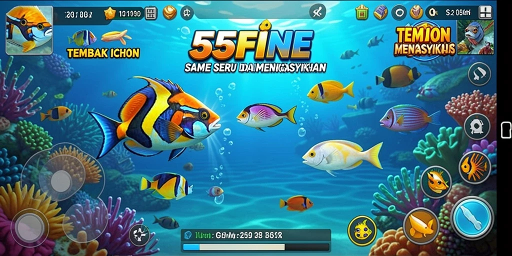 Screenshot gameplay 55FIVE menunjukkan aksi menembak ikan yang mendebarkan.