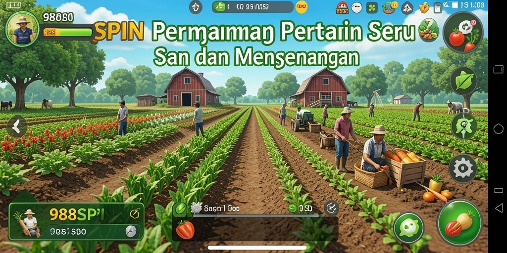 Screenshot gameplay 988SPIN menampilkan ladang subur yang penuh tanaman.