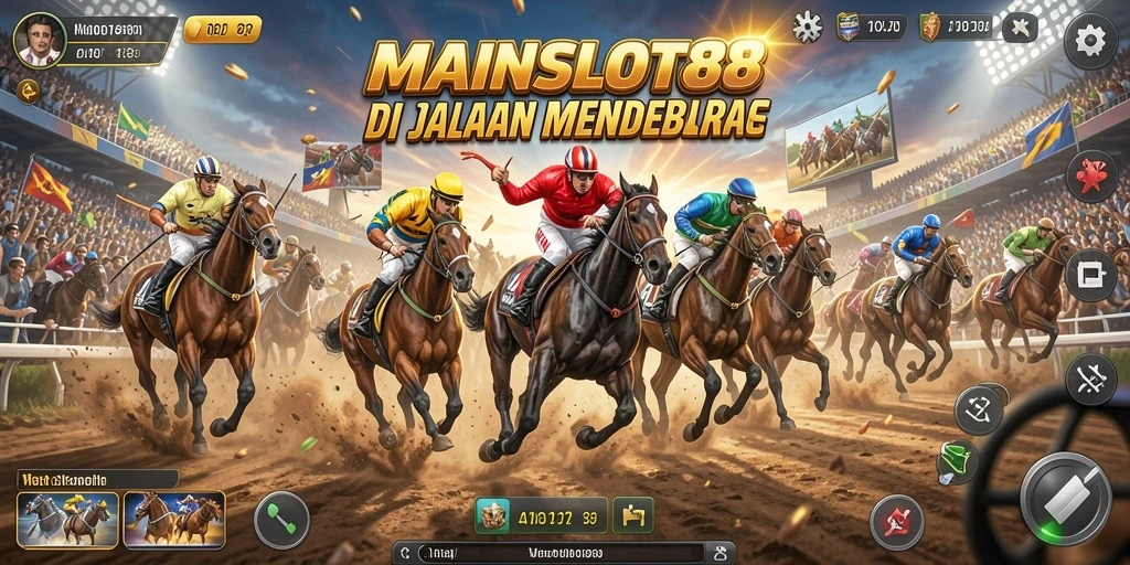 Tampilan gameplay menegangkan dari MAINSLOT88 dengan mobil balap cepat.
