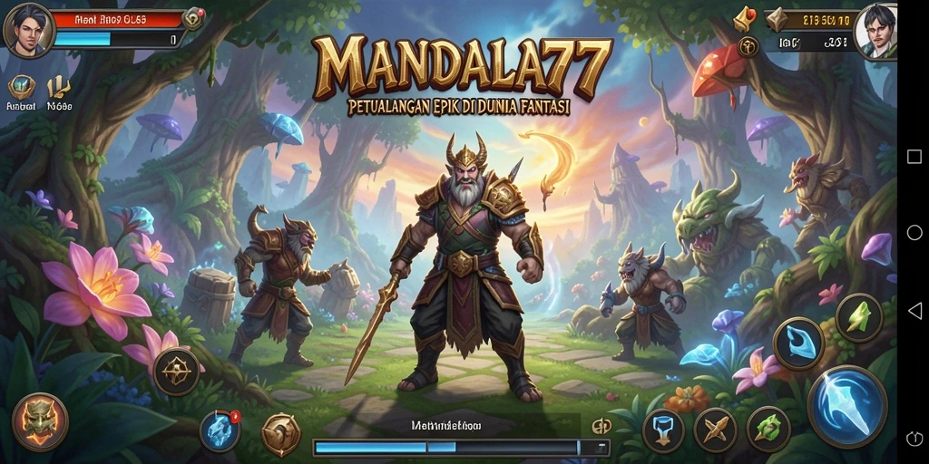 Screenshot MANDALA77 menampilkan pertarungan epik antara karakter dan monster.
