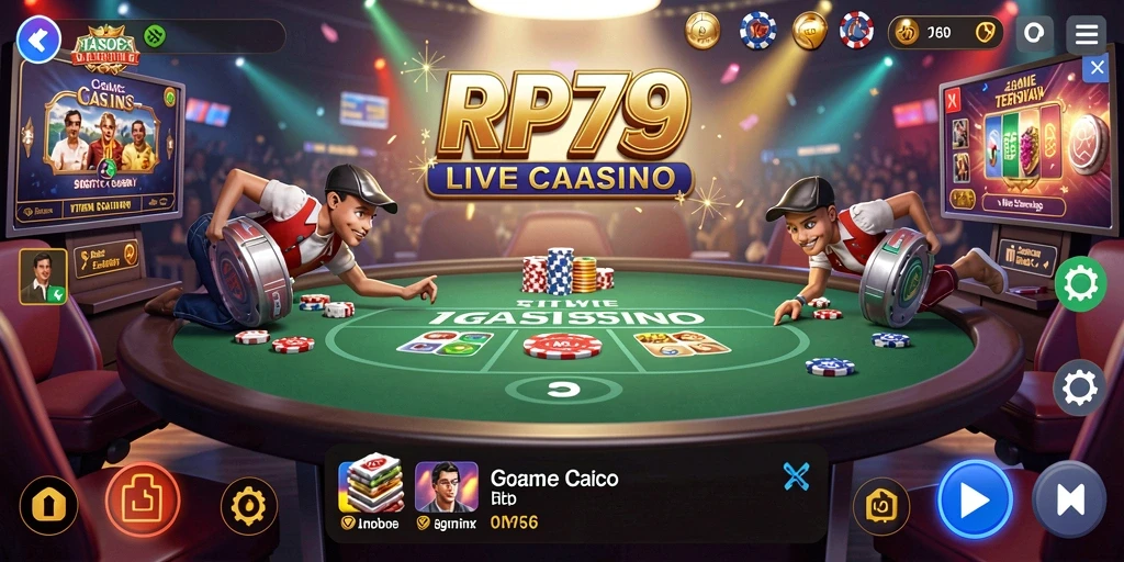 Screenshot gameplay RP79 yang menampilkan dealer langsung dalam suasana kasino.
