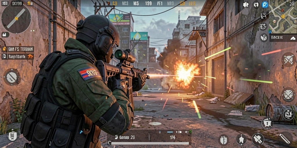 Tampilan gameplay menarik dari SKY99 dengan aksi menembak yang intens.
